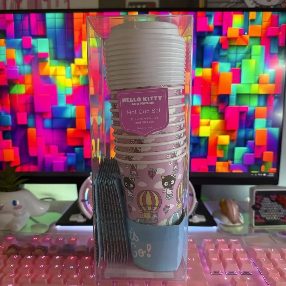 Sanrio Hello Kitty & Friends Cup Set 16oz 10 Cups Lids Sleeves Travel Balloon